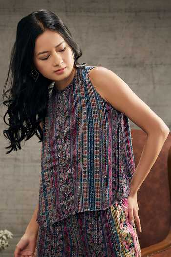 Shop_Soup By Sougat Paul_Blue Cotton Sequins, Embroidery Round Neck Ikaya Printed Top And Pant Set _Online_at_Aza_Fashions
