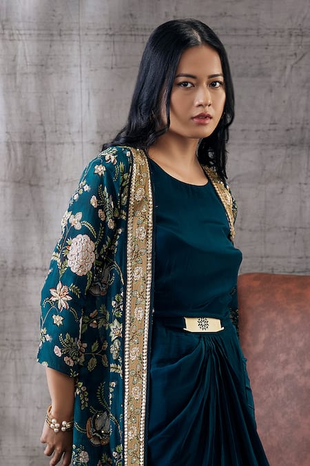 Soup By Sougat Paul_Green Crepe, Chiffon Embroidery, Mehra Draped Dress With Floral Print Jacket _Online_at_Aza_Fashions