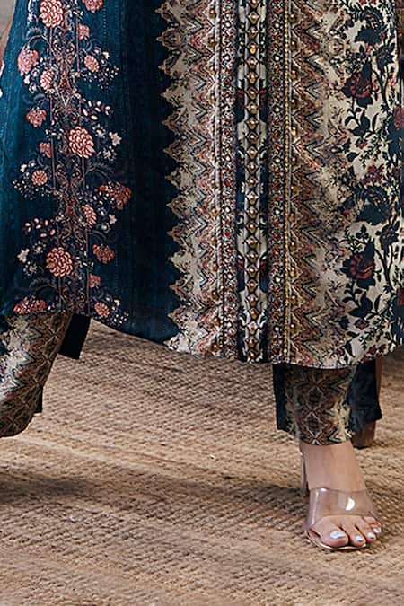 Soup By Sougat Paul_Blue Cotton, Silk Sequins, Embroidery Round Neck Dilara Kurta And Pant Set _Online_at_Aza_Fashions