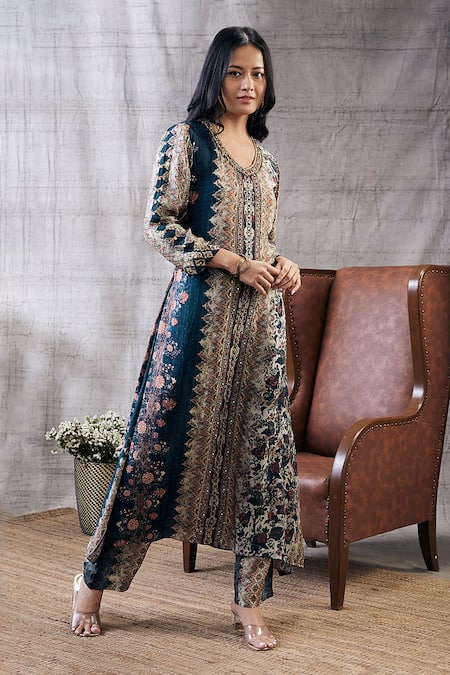 Buy_Soup By Sougat Paul_Blue Cotton, Silk Sequins, Embroidery Round Neck Dilara Kurta And Pant Set _Online_at_Aza_Fashions