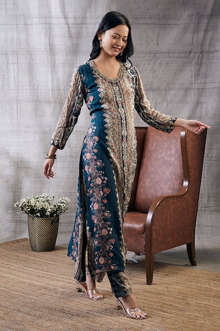 Shop_Soup By Sougat Paul_Blue Cotton, Silk Sequins, Embroidery Round Neck Dilara Kurta And Pant Set _Online_at_Aza_Fashions