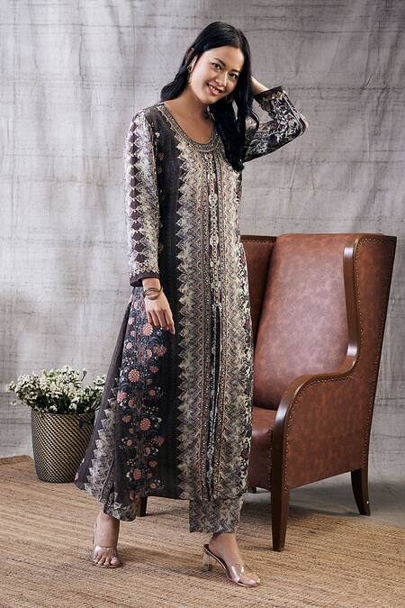 Buy_Soup By Sougat Paul_Brown Silk Embroidery Round Neck Dilara Front Slit Kurta And Pant Set _Online_at_Aza_Fashions