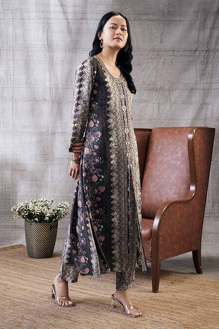 Shop_Soup By Sougat Paul_Brown Silk Embroidery Round Neck Dilara Front Slit Kurta And Pant Set _Online_at_Aza_Fashions