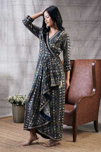 Soup By Sougat Paul_Black Cotton, Silk Embroidery V-neck Dilara Draped Dress _Online_at_Aza_Fashions