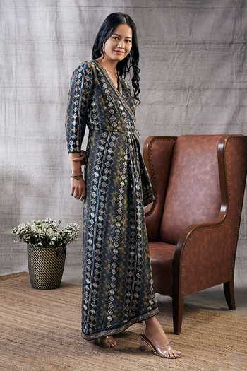 Buy_Soup By Sougat Paul_Black Cotton, Silk Embroidery V-neck Dilara Draped Dress _Online_at_Aza_Fashions