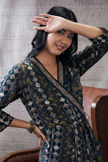 Shop_Soup By Sougat Paul_Black Cotton, Silk Embroidery V-neck Dilara Draped Dress _Online_at_Aza_Fashions