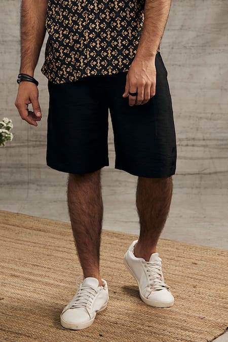 Soup By Sougat Paul_Black Twill, Silk Zahra Flower Print Shirt And Shorts Set _Online_at_Aza_Fashions