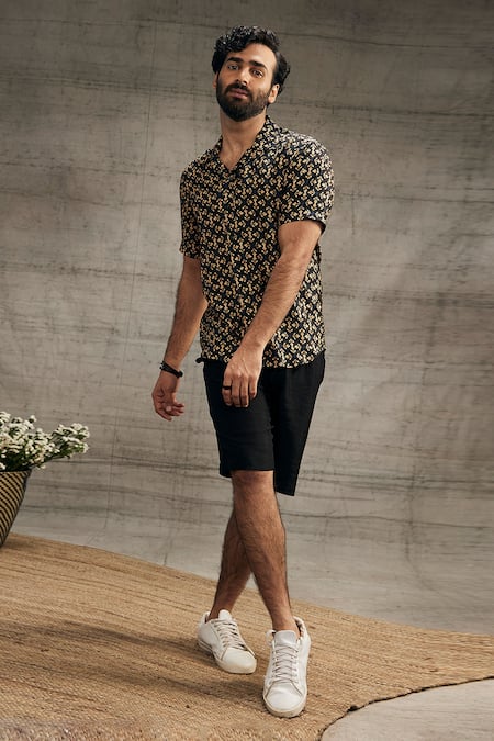 Buy_Soup By Sougat Paul_Black Twill, Silk Zahra Flower Print Shirt And Shorts Set _Online_at_Aza_Fashions