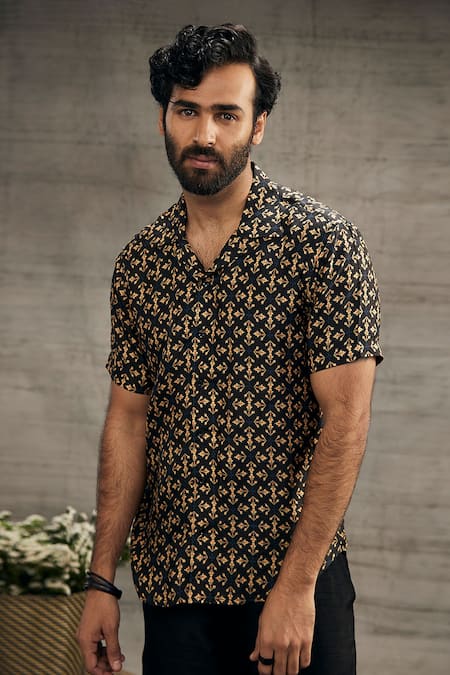 Shop_Soup By Sougat Paul_Black Twill, Silk Zahra Flower Print Shirt And Shorts Set _Online_at_Aza_Fashions