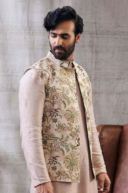 Shop_Soup By Sougat Paul_Beige Brocade, Silk Embroidery Floral Bundi And Kurta Set _Online_at_Aza_Fashions