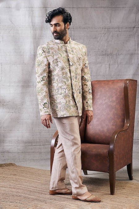 Soup By Sougat Paul_Beige Brocade, Silk Sequins, Embroidery Mehr Garden Print Bandhgala Set _Online_at_Aza_Fashions