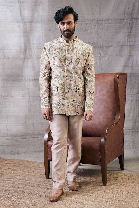 Buy_Soup By Sougat Paul_Beige Brocade, Silk Sequins, Embroidery Mehr Garden Print Bandhgala Set _Online_at_Aza_Fashions