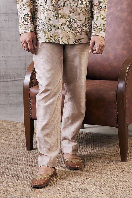 Shop_Soup By Sougat Paul_Beige Brocade, Silk Sequins, Embroidery Mehr Garden Print Bandhgala Set _Online_at_Aza_Fashions