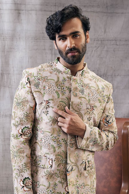 Soup By Sougat Paul_Beige Brocade, Silk Sequins, Embroidery Mehr Garden Print Bandhgala Set _at_Aza_Fashions