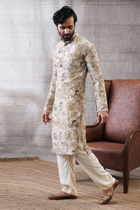 Soup By Sougat Paul_Beige Brocade, Silk Embroidery, Sequins Mehr Botanical Print Kurta Set _Online_at_Aza_Fashions