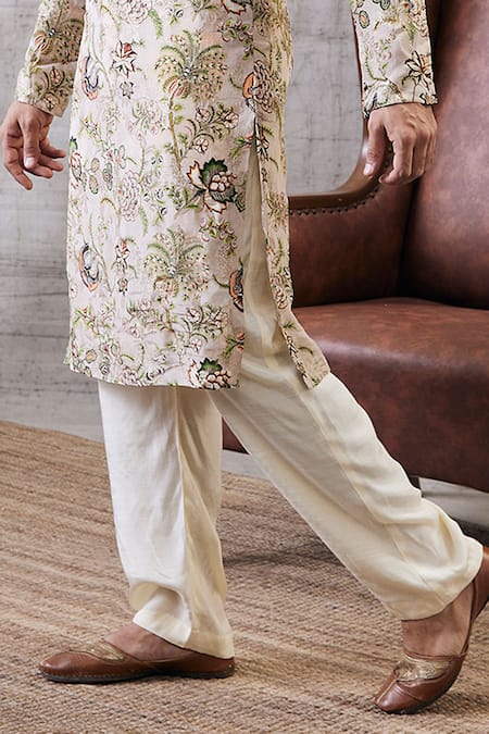 Buy_Soup By Sougat Paul_Beige Brocade, Silk Embroidery, Sequins Mehr Botanical Print Kurta Set _Online_at_Aza_Fashions