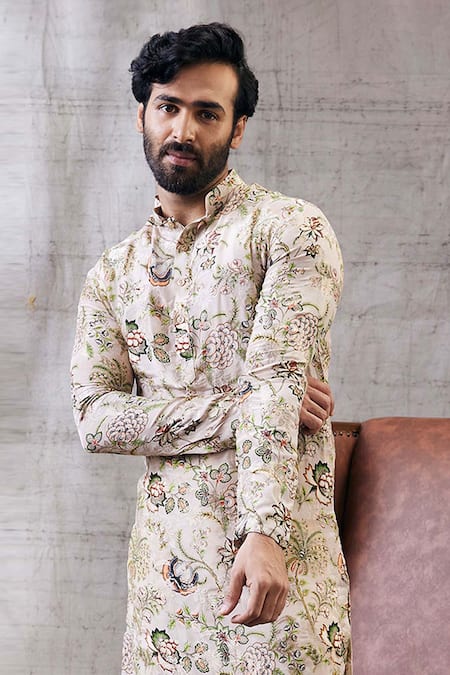 Shop_Soup By Sougat Paul_Beige Brocade, Silk Embroidery, Sequins Mehr Botanical Print Kurta Set _Online_at_Aza_Fashions