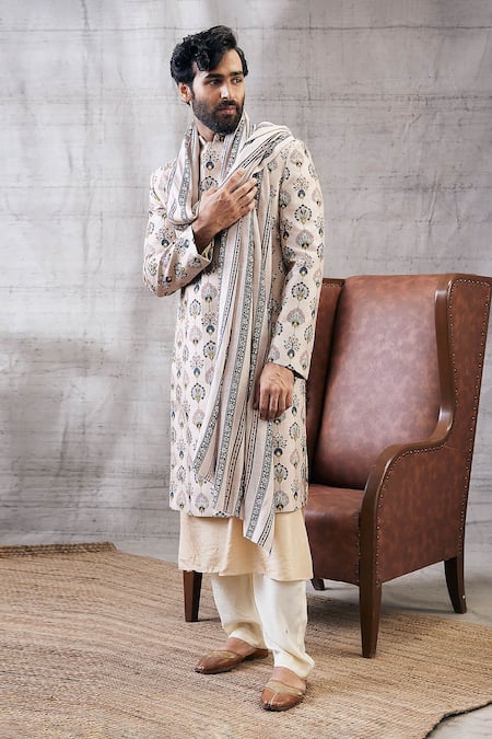 Buy_Soup By Sougat Paul_Beige Silk, Muslin Embroidery Sarouk Peacock Feather Print Sherwani Set _Online_at_Aza_Fashions
