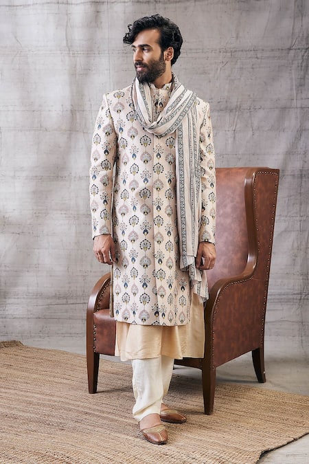 Shop_Soup By Sougat Paul_Beige Silk, Muslin Embroidery Sarouk Peacock Feather Print Sherwani Set _Online_at_Aza_Fashions