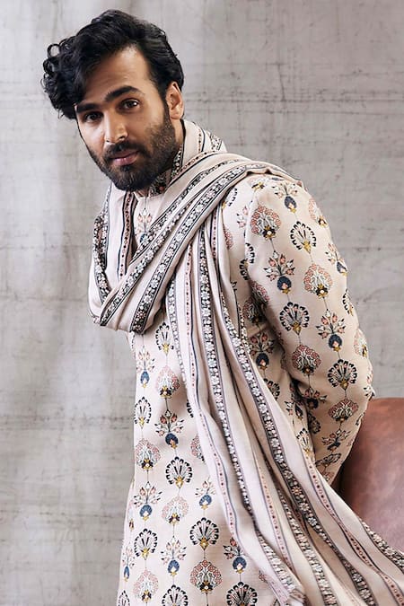 Soup By Sougat Paul_Beige Silk, Muslin Embroidery Sarouk Peacock Feather Print Sherwani Set _at_Aza_Fashions