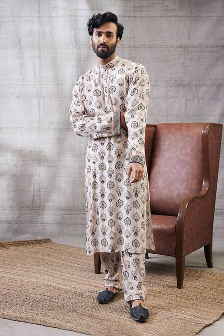 Buy_Soup By Sougat Paul_Beige Silk Embroidery Sarouk Peacock Feather Print Kurta And Pant Set _Online_at_Aza_Fashions