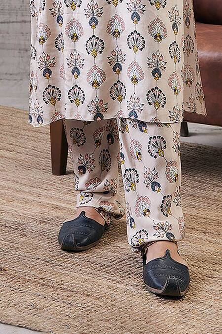 Shop_Soup By Sougat Paul_Beige Silk Embroidery Sarouk Peacock Feather Print Kurta And Pant Set _Online_at_Aza_Fashions