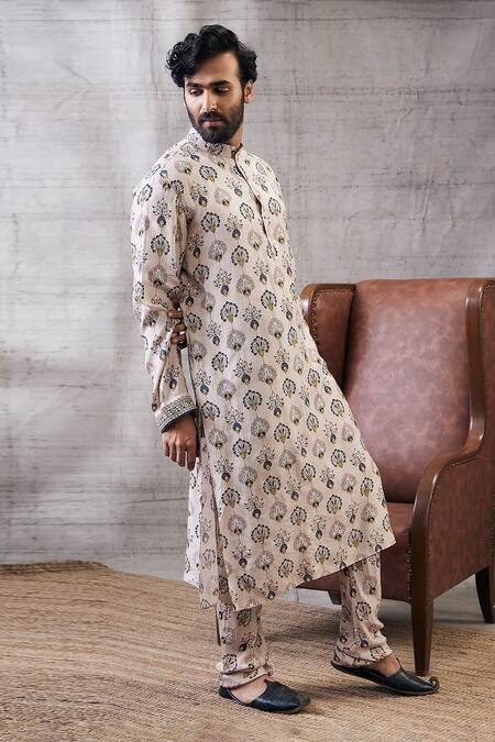 Soup By Sougat Paul_Beige Silk Embroidery Sarouk Peacock Feather Print Kurta And Pant Set _at_Aza_Fashions