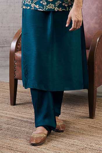 Soup By Sougat Paul_Green Silk Embroidery Vintage Floral Print Bundi Kurta Set _Online_at_Aza_Fashions