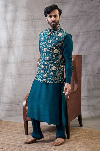 Buy_Soup By Sougat Paul_Green Silk Embroidery Vintage Floral Print Bundi Kurta Set _Online_at_Aza_Fashions