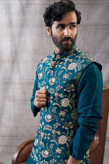 Shop_Soup By Sougat Paul_Green Silk Embroidery Vintage Floral Print Bundi Kurta Set _Online_at_Aza_Fashions