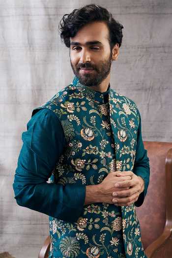 Soup By Sougat Paul_Green Silk Embroidery Vintage Floral Print Bundi Kurta Set _at_Aza_Fashions