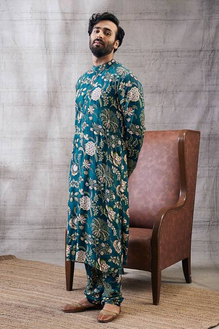 Buy_Soup By Sougat Paul_Green Silk Embroidery Mehr Floral Print Kurta With Pant _Online_at_Aza_Fashions