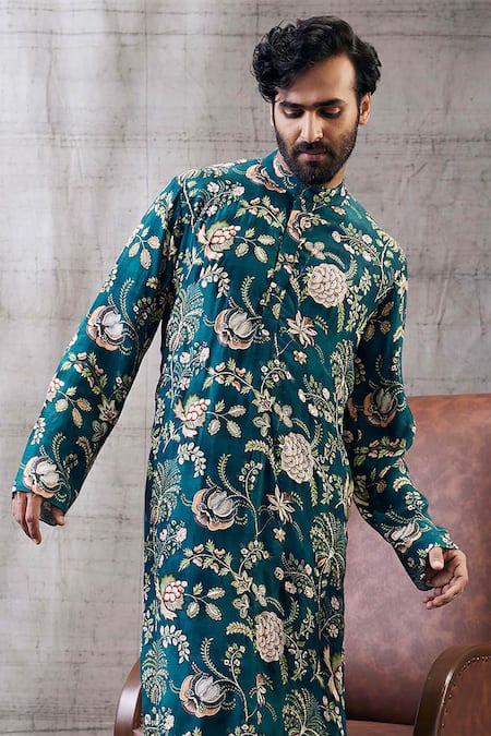 Shop_Soup By Sougat Paul_Green Silk Embroidery Mehr Floral Print Kurta With Pant _Online_at_Aza_Fashions
