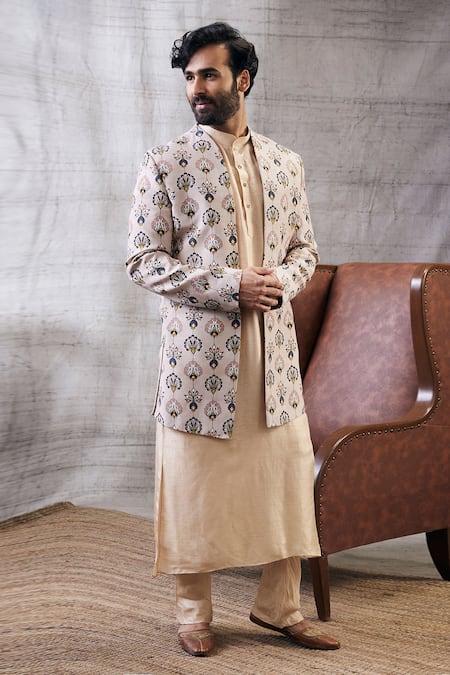 Buy_Soup By Sougat Paul_Beige Muslin Embroidery Sarouk Peacock Feather Motif Print Jacket And Kurta Set _Online_at_Aza_Fashions
