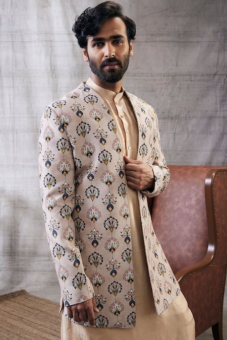Soup By Sougat Paul_Beige Muslin Embroidery Sarouk Peacock Feather Motif Print Jacket And Kurta Set _at_Aza_Fashions