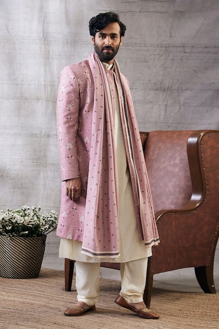 Soup By Sougat Paul_Pink Muslin Embroidery Sarouk Geometric Print Sherwani Set _Online_at_Aza_Fashions