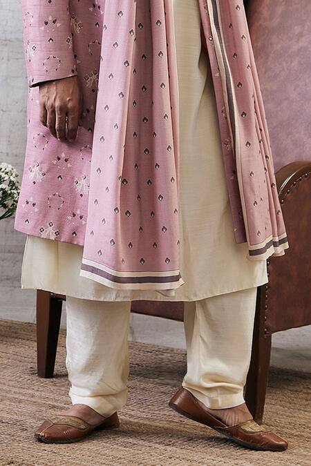 Buy_Soup By Sougat Paul_Pink Muslin Embroidery Sarouk Geometric Print Sherwani Set _Online_at_Aza_Fashions