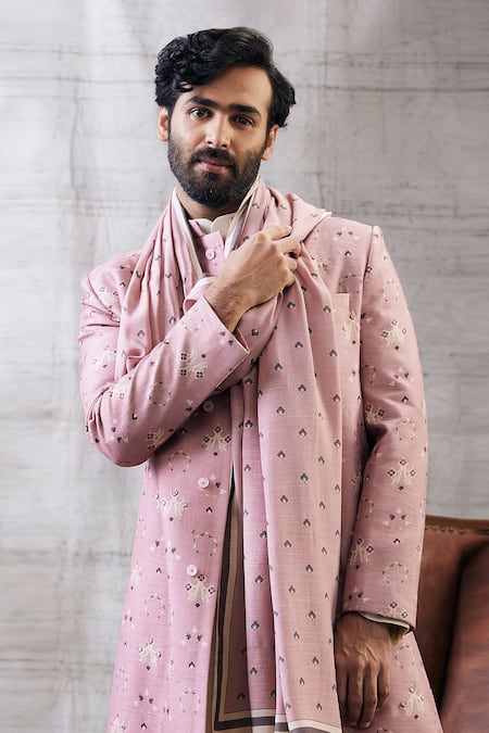 Shop_Soup By Sougat Paul_Pink Muslin Embroidery Sarouk Geometric Print Sherwani Set _Online_at_Aza_Fashions