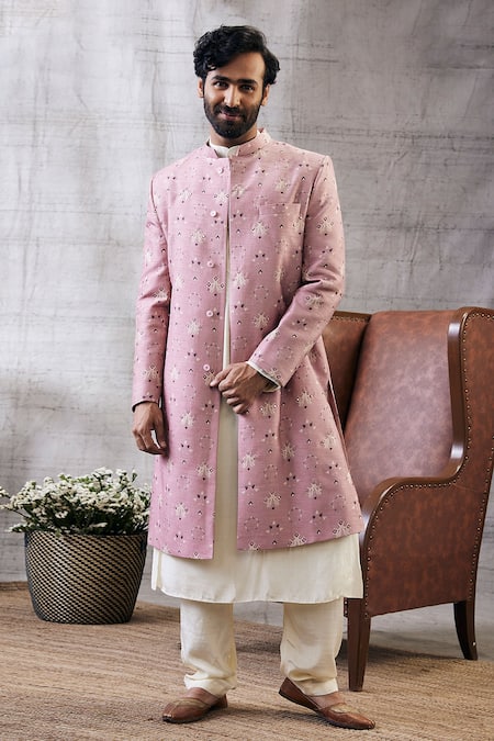 Soup By Sougat Paul_Pink Muslin Embroidery Sarouk Geometric Print Sherwani Set _at_Aza_Fashions