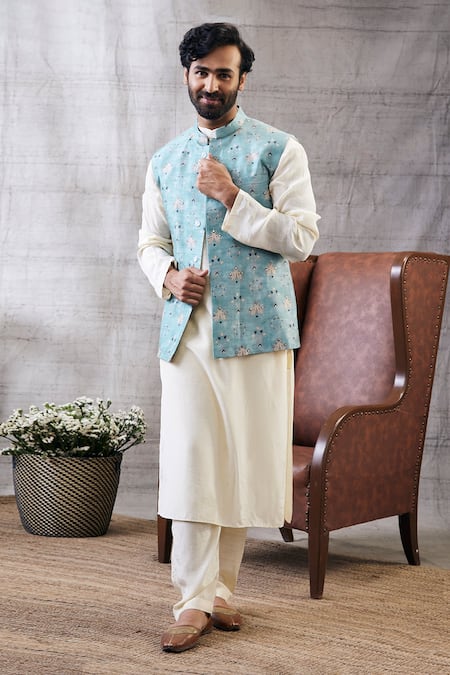 Soup By Sougat Paul_Blue Muslin Geometric Print Bundi And Kurta Set _Online_at_Aza_Fashions