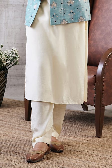 Buy_Soup By Sougat Paul_Blue Muslin Geometric Print Bundi And Kurta Set _Online_at_Aza_Fashions