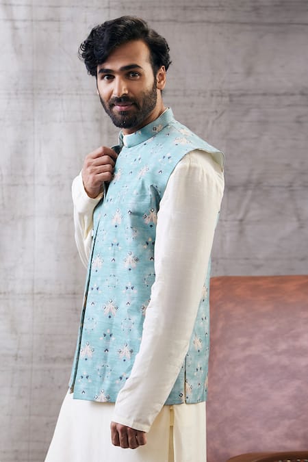 Shop_Soup By Sougat Paul_Blue Muslin Geometric Print Bundi And Kurta Set _Online_at_Aza_Fashions