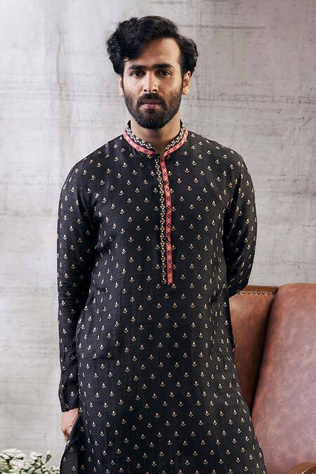 Buy_Soup By Sougat Paul_Black Silk Embroidery Zahra Malaysian Motif Print Kurta With Pant _Online_at_Aza_Fashions