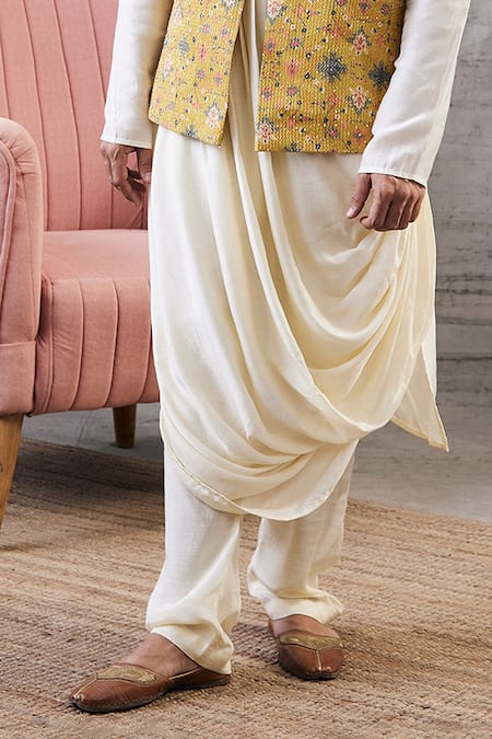 Soup By Sougat Paul_Yellow Silk Sequins, Embroidery Printed Bundi And Draped Kurta Set _Online_at_Aza_Fashions