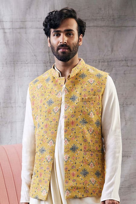 Shop_Soup By Sougat Paul_Yellow Silk Sequins, Embroidery Printed Bundi And Draped Kurta Set _Online_at_Aza_Fashions