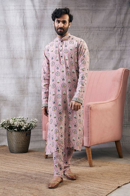 Soup By Sougat Paul_Pink Silk Embroidery Sarouk Abstract Peacock Feather Print Kurta With Pant _Online_at_Aza_Fashions