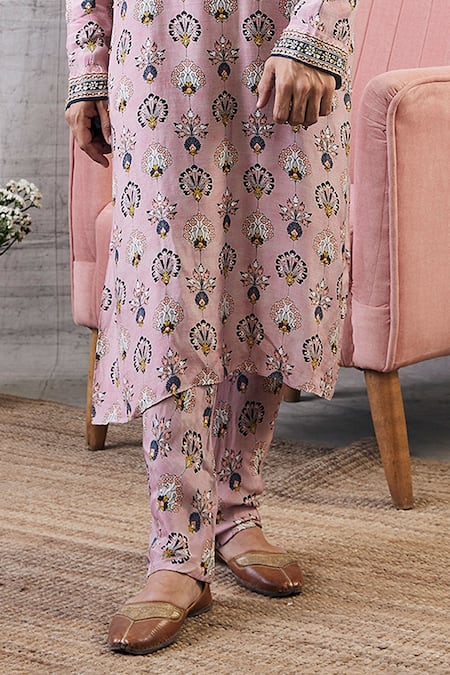 Buy_Soup By Sougat Paul_Pink Silk Embroidery Sarouk Abstract Peacock Feather Print Kurta With Pant _Online_at_Aza_Fashions