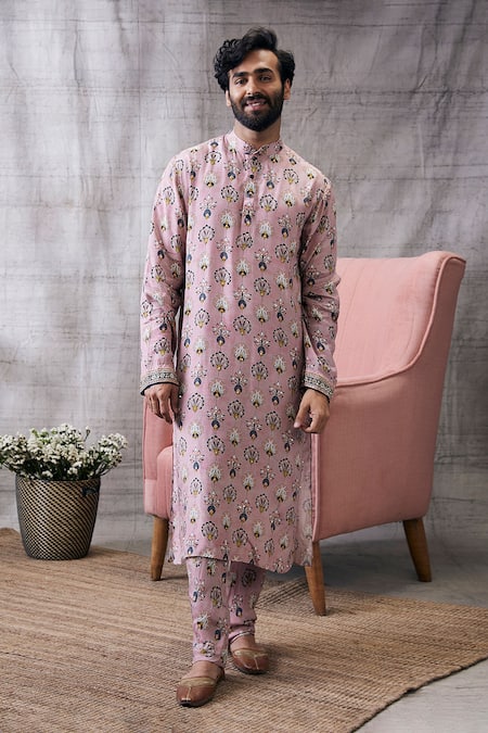 Shop_Soup By Sougat Paul_Pink Silk Embroidery Sarouk Abstract Peacock Feather Print Kurta With Pant _Online_at_Aza_Fashions