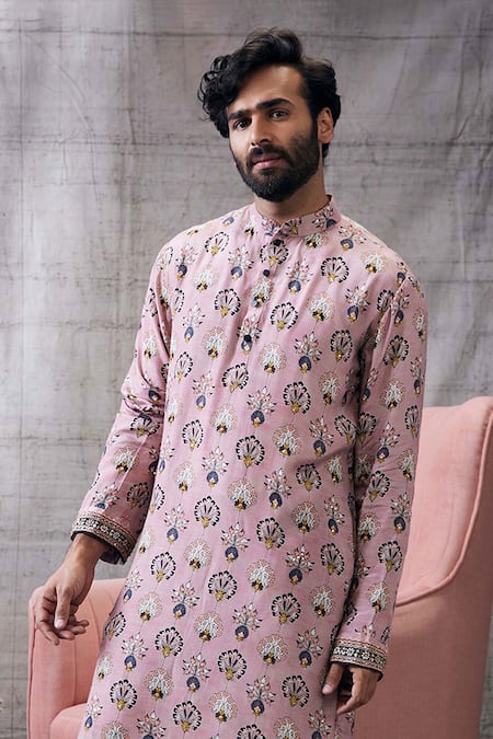 Soup By Sougat Paul_Pink Silk Embroidery Sarouk Abstract Peacock Feather Print Kurta With Pant _at_Aza_Fashions