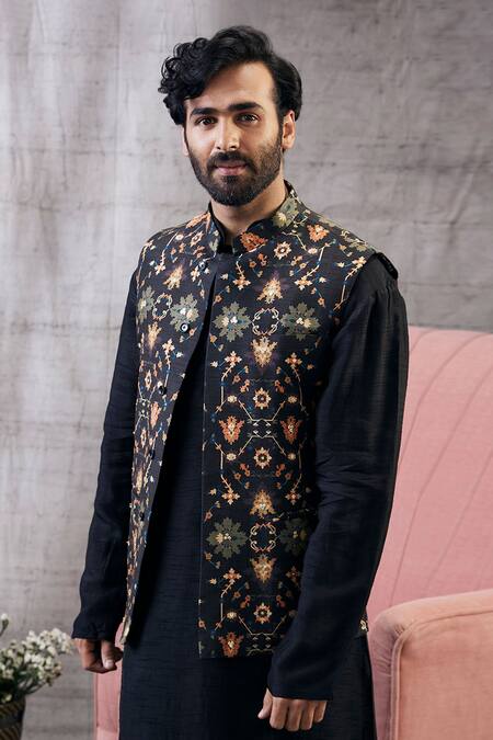 Soup By Sougat Paul_Black Silk Geometric Print Bundi And Kurta Dhoti Pant Set _Online_at_Aza_Fashions